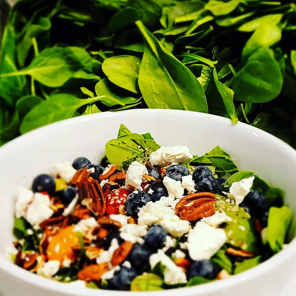 A Sprout Mediterranean salad with spinach, blueberries, feta, and pecans in a white bowl.